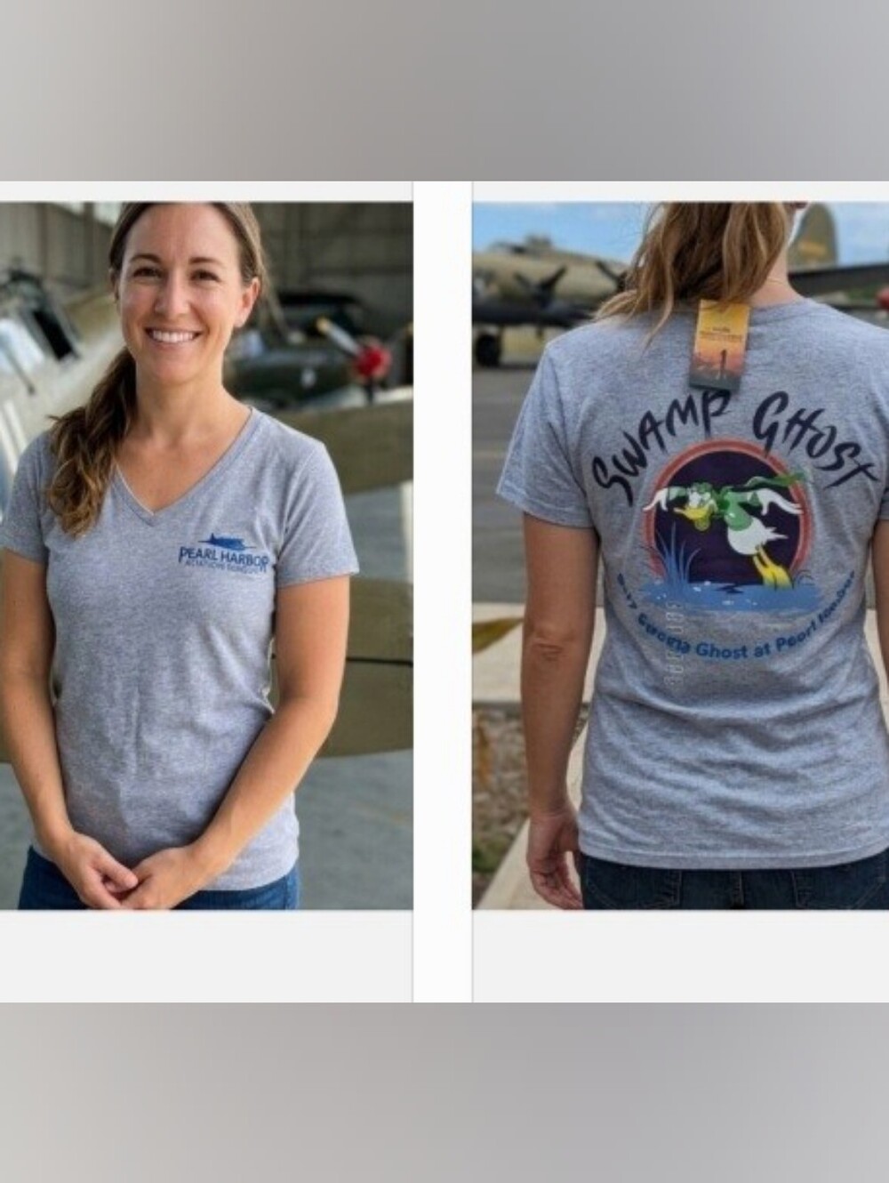 Disney Pearl Harbor Aviation Museum Gray Graphic B-17 Swamp Ghost V-Neck T Large